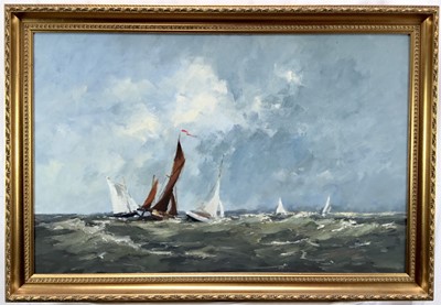 Lot 52 - George W Gill oil on board, Crossing the bar Yacht racing scene, signed and label to reverse