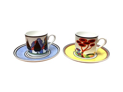 Lot 1109 - Set of six limited edition Cafe Chic Wedgwood Clarice Cliff coffee cans and saucers - May Avenue, Red Tree, Blue Firs, Windmill, Summerhouse and Autumn, all boxed with certificates