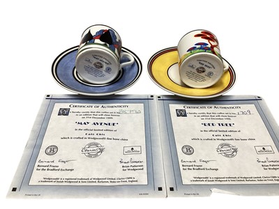 Lot 1109 - Set of six limited edition Cafe Chic Wedgwood Clarice Cliff coffee cans and saucers - May Avenue, Red Tree, Blue Firs, Windmill, Summerhouse and Autumn, all boxed with certificates