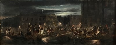 Lot 77 - H James 19th century oil of stage coaches, 21cm x 51cm, framed