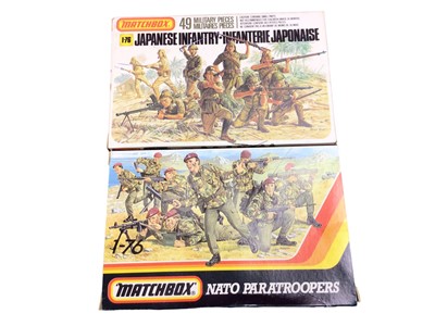 Lot 199 - Matchbox 1:76 scale soldiers including WW11 British (x4), Japanese (x2), American (x3), Afrika Korps (x2), plus Anzac (x2) & NATO Paratroopers (x2), 1:32 scale Commandos & Task Force Landing Craft...