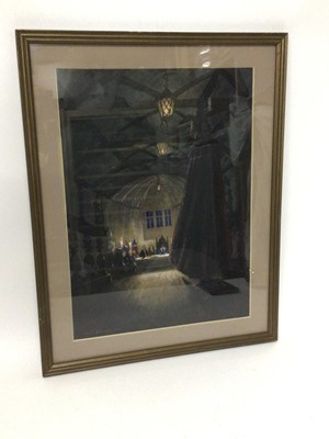 Lot 458 - John D Aitchison, watercolour illustration of a tall wizard figure appearing before a seated committee of other witch and wizard figures all in a dimly lit hall, signed lower left and dated 1956, f...