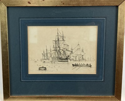 Lot 57 - Attributed to Thomas Buttersworth (1768-1842), a good quality pen and ink of H.M.S. Victory, 15cm x 20cm, framed and glazed