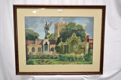 Lot 1137 - Henry Collins (1910-1994) watercolour - Looking away from Colchester Castle, signed and dated 1982, 50cm x 69cm, in glazed frame