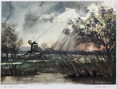 Lot 113 - Keith Grant, contemporary, watercolour, 'The mill on the marsh', possibly Cley-next-the-sea, Norfolk