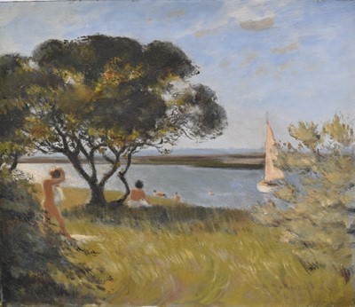 Lot 1292 - Fid Harnack (1897-1983) oil on board - Skinny Dipping, Ray Island, West Mersea, signed, 59cm x 69cm, unframed