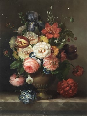 Lot 21 - Emilio Greco oil on panel, Flowers in an Urn on a marble edge