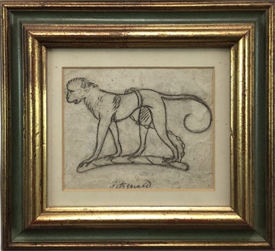 Lot 45 - Pen and ink drawing of a monkey, inscribed 'Fitzgerald', the back inscribed 'Ex-Fitzgerald, 18th century armorial crest', framed and glazed