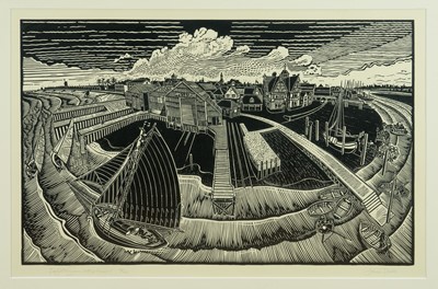 Lot 1163 - *James Dodds (b.1957) signed limited edition linocut - 'Brightlingsea, past & present', 33/100, 48.5cm x 74.5cm, in glazed frame