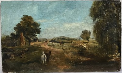 Lot 94 - Manner of Thomas Churchyard, oil on panel - Landscape with Horses, inscribed verso "Woodbridge Scene", 10.5cm x 17cm, unframed