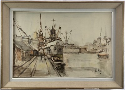 Lot 171 - Vic Ellis RSMA oil sketch on canvas - The Ilorin Palm and Iberia at Tilbury dock, signed, titled and dated 1969 in pencil verso, 50cm x 75cm, framed