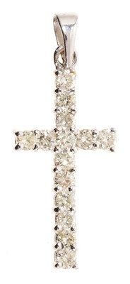 Lot 728 - Diamond cross pendant with fourteen round brilliant cut diamonds estimated to weigh approximately 0.80cts in total, in white gold setting.