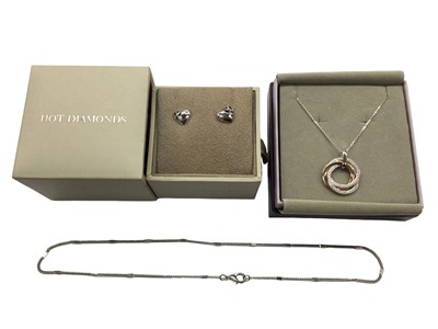 Lot 1043 - Pair of silver ‘Hot Diamonds’ diamond set heart stud earrings in box, silver pendant necklace and one other chain
