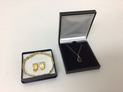 Lot 14 - 9ct rose gold smokey quartz and diamond pendant on 9ct rose gold chain, together with a 9ct yellow gold bracelet and a pair of gold earrings