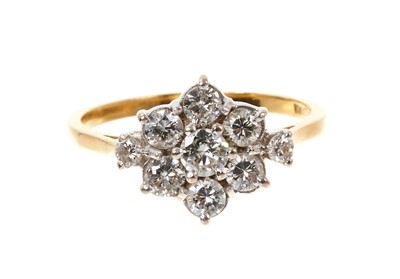 Lot 790 - Diamond cluster ring with a flower head cluster of brilliant cut diamonds flanked by two further diamonds to the shoulders, all in claw setting on 18ct yellow gold shank. Estimated total diamond we...