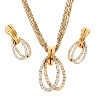 Lot 693 - Leo Wittner 18ct white and yellow gold diamond pendant necklace and matching earrings. 
Pendant – Total diamond weight 2.08carats. 
Earrings – Total diamond weight 1.46 carats