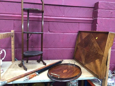 Lot 749 - Sundry items, including a silver-topped cane, Edwardian inlaid galleried tray, etc
