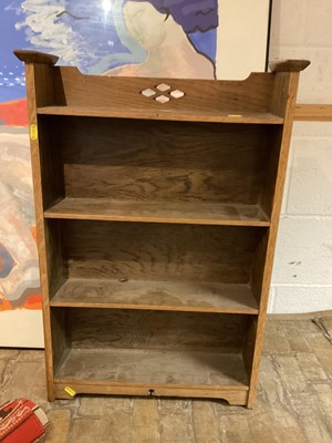 Lot 1367 - Early 20th century oak book shelf, leather Gladstone bag and Kelim rug (3)