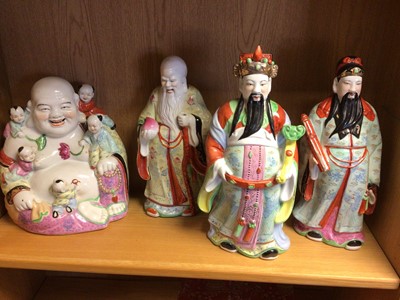 Lot 9 - Group of Chinese ceramics and works of art, including a jadeite carving of birds, a smiling buddha, a cloisonné bowl, figures of immortals, a scroll and a Yixing tea set
