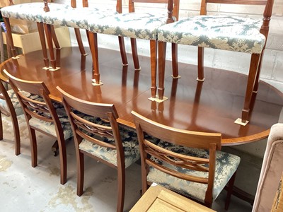 Lot 1307 - Good quality Georgian style mahogany crossbanded twin pedestal dining table with extra leaf, 240cm x 113.5cm, together with a set eight matching dining chairs comprising two carvers and six standar...