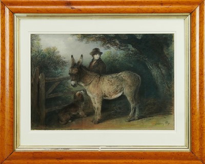 Lot 1355 - Edward Robert Smythe (1810-1899) pastel and charcoal - A Donkey, Man and Dog before a Gate, signed, 34cm x 51cm, in glazed maple veneered frame