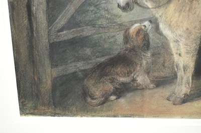 Lot 1355 - Edward Robert Smythe (1810-1899) pastel and charcoal - A Donkey, Man and Dog before a Gate, signed, 34cm x 51cm, in glazed maple veneered frame