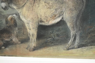 Lot 1355 - Edward Robert Smythe (1810-1899) pastel and charcoal - A Donkey, Man and Dog before a Gate, signed, 34cm x 51cm, in glazed maple veneered frame