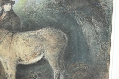 Lot 1355 - Edward Robert Smythe (1810-1899) pastel and charcoal - A Donkey, Man and Dog before a Gate, signed, 34cm x 51cm, in glazed maple veneered frame