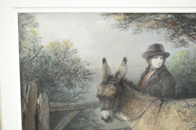 Lot 1355 - Edward Robert Smythe (1810-1899) pastel and charcoal - A Donkey, Man and Dog before a Gate, signed, 34cm x 51cm, in glazed maple veneered frame