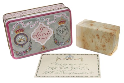 Lot 38 - The Wedding of T.R.H. The Prince of Wales to The Duchess of Cornwall (now T.M King Charles III and Queen Camilla) 9th April 2005, piece of Wedding cake in original presentation tin with card and o...