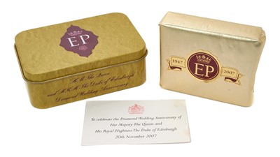 Lot 39 - The Diamond Wedding Anniversary of H.M. Queen Elizabeth II and H.R.H. The Duke of Edinburgh, 20th November 2007, piece of Wedding Anniversary cake in presentation tin with card