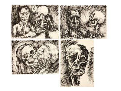 Lot 353 - *Colin Moss (1914-2005) pen and wash, a series of four pictures featuring an elderly man and a skeleton, which apparently begins with the two sharing a drink and ends with them absorbing each other...