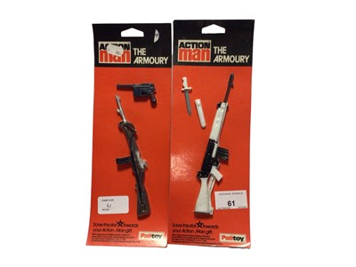 Lot 61 - Palitoy Action Man The Armoury Weapons (x2) & Quarter Master Store (x2), vacuum packed on card (5))