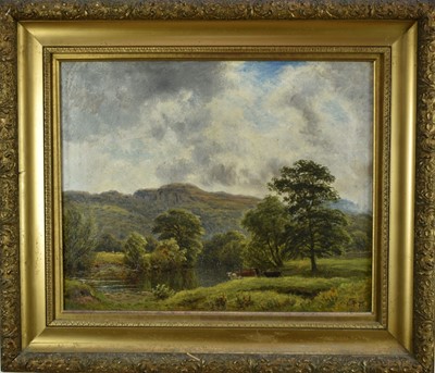 Lot 1517 - English School, 19th century, oil on canvas, Landscape, signed with monogram, 43cm x 54cm, in gilt frame