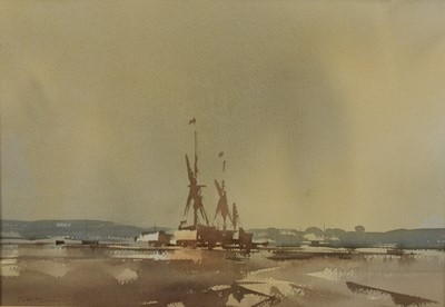 Lot 1132 - Peter Burman (b.1941) watercolour - Barges at Anchor, signed, 32cm x 46cm, in glazed gilt frame
