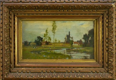 Lot 1198 - Bertram Priestman (1868-1951) oil on panel - Landscape with Windmill, 11.5cm x 21.5cm, in glazed gilt frame