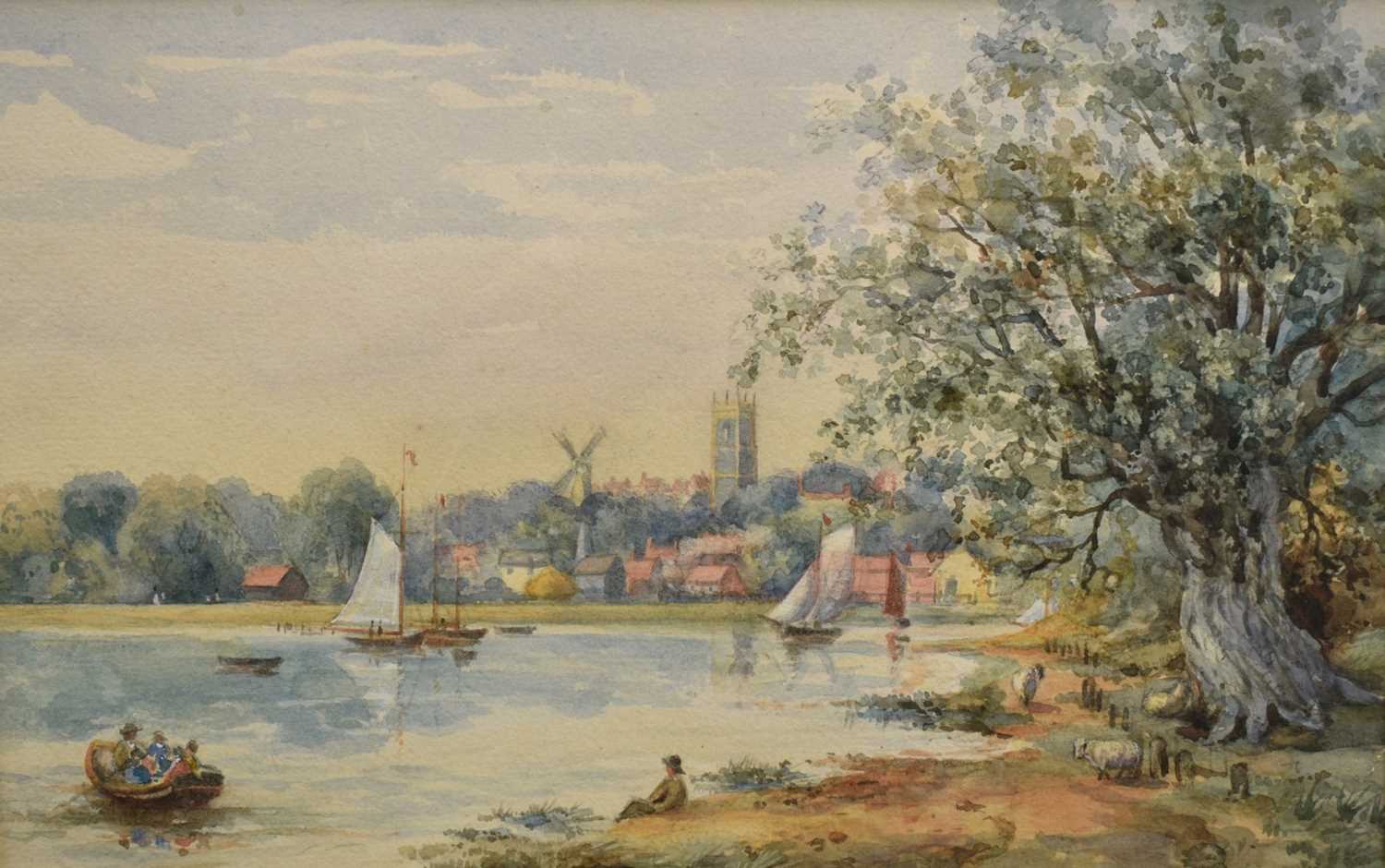 Lot 1230 - Attributed to Thomas Churchyard (1798-1865) watercolour - Bustling scene on the, 18.5cm x 29cm, in glazed gilt frame