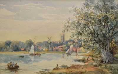 Lot 1230 - Attributed to Thomas Churchyard (1798-1865) watercolour - Bustling scene on the, 18.5cm x 29cm, in glazed gilt frame