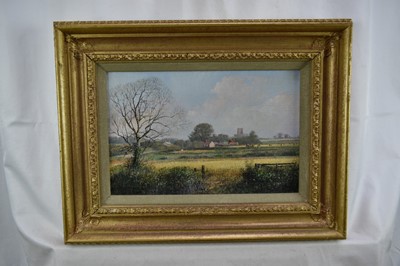 Lot 1142 - *Clive Madgwick (1939-2005) oil on canvas, Harvest Time near Lavenham, signed, dated 1985 verso, 20.5cm x 31cm, in gilt frame