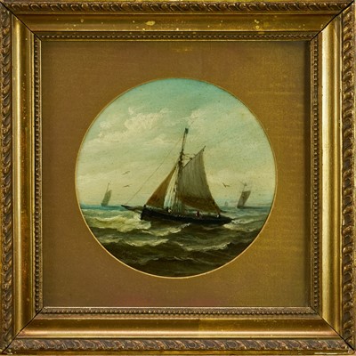 Lot 1218 - John Moore of Ipswich (1820-1902) oil on panel - Vessels at Sea, 14cm tondo, in glazed gilt frame