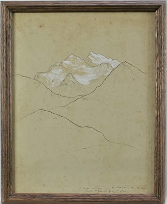 Lot 1541 - Elijah Walton, British, 1832-1880. Plein Air ink and heightened with white gouache on paper, study of mountain peaks of the Great St Bernard Pass, Switzerland. Titled by the artist lower right, “Pe...