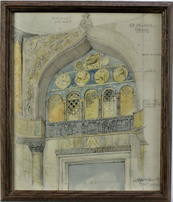 Lot 1535 - Alfred Henry Hart, British, 1866-1953. Grand Tour Plein Air watercolour and graphite on paper, interior study of St Marks Basilica, Venice, with working annotations. Titled upper right, signed and...