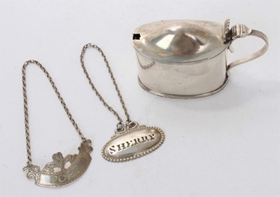 Lot 71 - Late Victorian silver oval mustard pot and two decanter labels