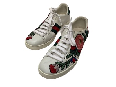 Lot 2070 - Gucci women's embroidered floral trainers 431917  38, with receipt and soft bag. Used.