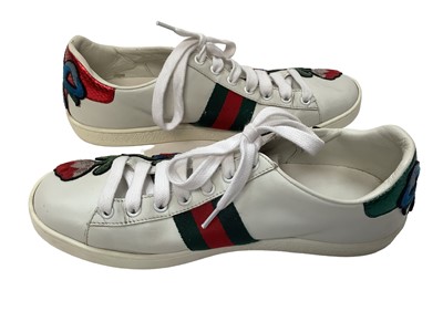 Lot 2070 - Gucci women's embroidered floral trainers 431917  38, with receipt and soft bag. Used.