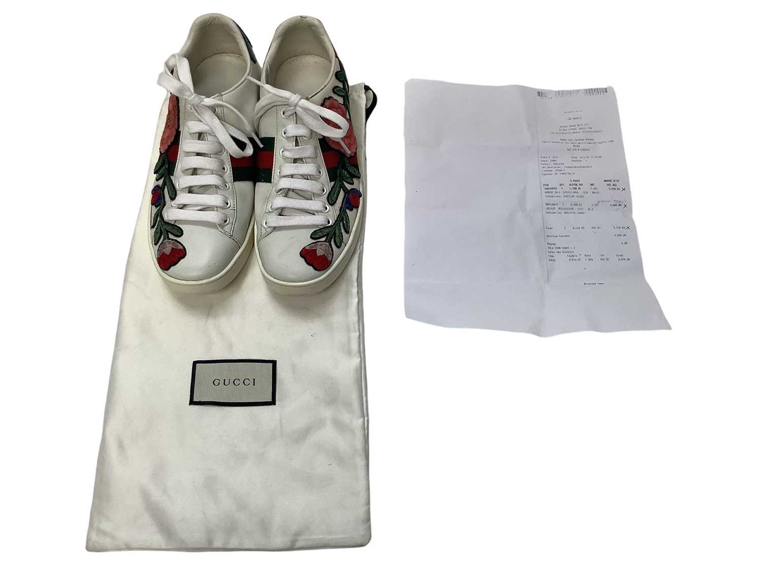 Lot 2070 - Gucci women's embroidered floral trainers 431917  38, with receipt and soft bag. Used.