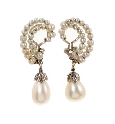 Lot 826 - Pair of Art Deco style natural salt water pearl and diamond earrings, each graduated pearl scroll suspending a 4.31 and 4.54ct natural saltwater pearl with rose cut diamond mounts, 34mm.