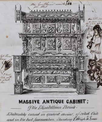 Lot 1001 - Curious 19th century engraving with pen embellishments, the engraving depicting Massive antique cabinet, inscribed 'The Gentleman wants £50 for this' and 'This cabinet is the kind of furniture we w...