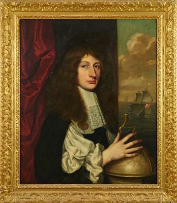 Lot 1300 - Manner of Sir Peter Lely (1618-1680) oil on canvas - Portrait of a Nobleman with compass and globe, a ship at sea beyond, 77cm x 65cm, in gilt frame 
NB: By family repute the sitter is believed to...
