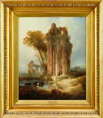 Lot 1302 - David Roberts (1796-1864) oil on panel - Grecian Ruins, signed, 49cm x 40cm, in gilt frame